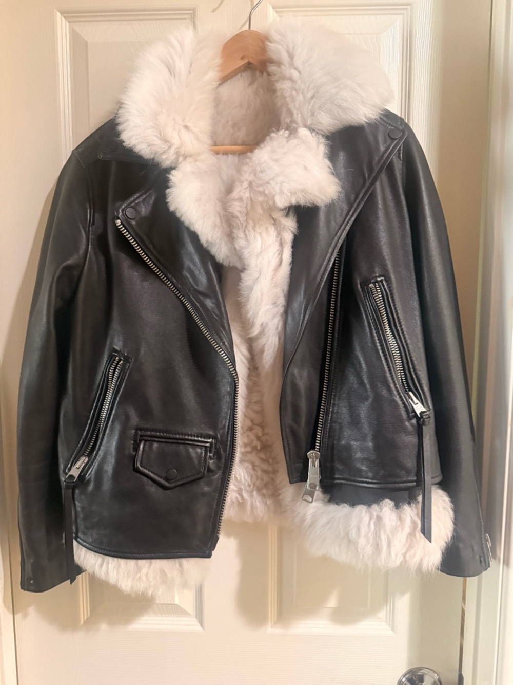 Small  Black Leather Moto Jacket with White Shearling Trim